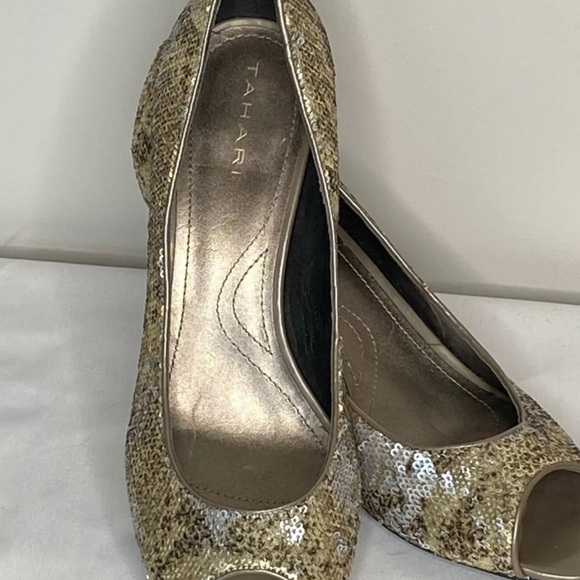 4/$35 Tahari Gold Silver Sequin Peep Toe Marie - Picture 3 of 8